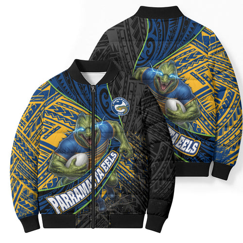 Parramatta Eels Rugby Bomber Puffer Jacket Tribal Polynesian Power Art - Lightning Mascot