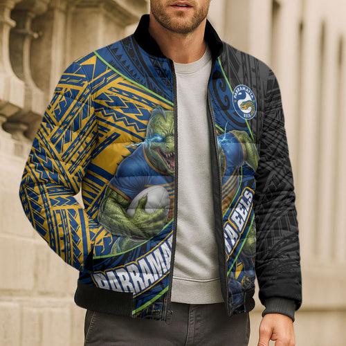 Parramatta Eels Rugby Bomber Puffer Jacket Tribal Polynesian Power Art - Lightning Mascot