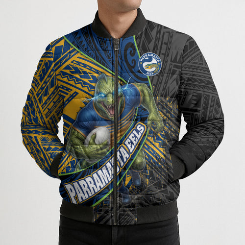 Parramatta Eels Rugby Bomber Puffer Jacket Tribal Polynesian Power Art - Lightning Mascot