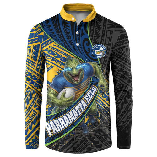 Parramatta Eels Rugby Button Sweatshirt Tribal Polynesian Power Art - Lightning Mascot