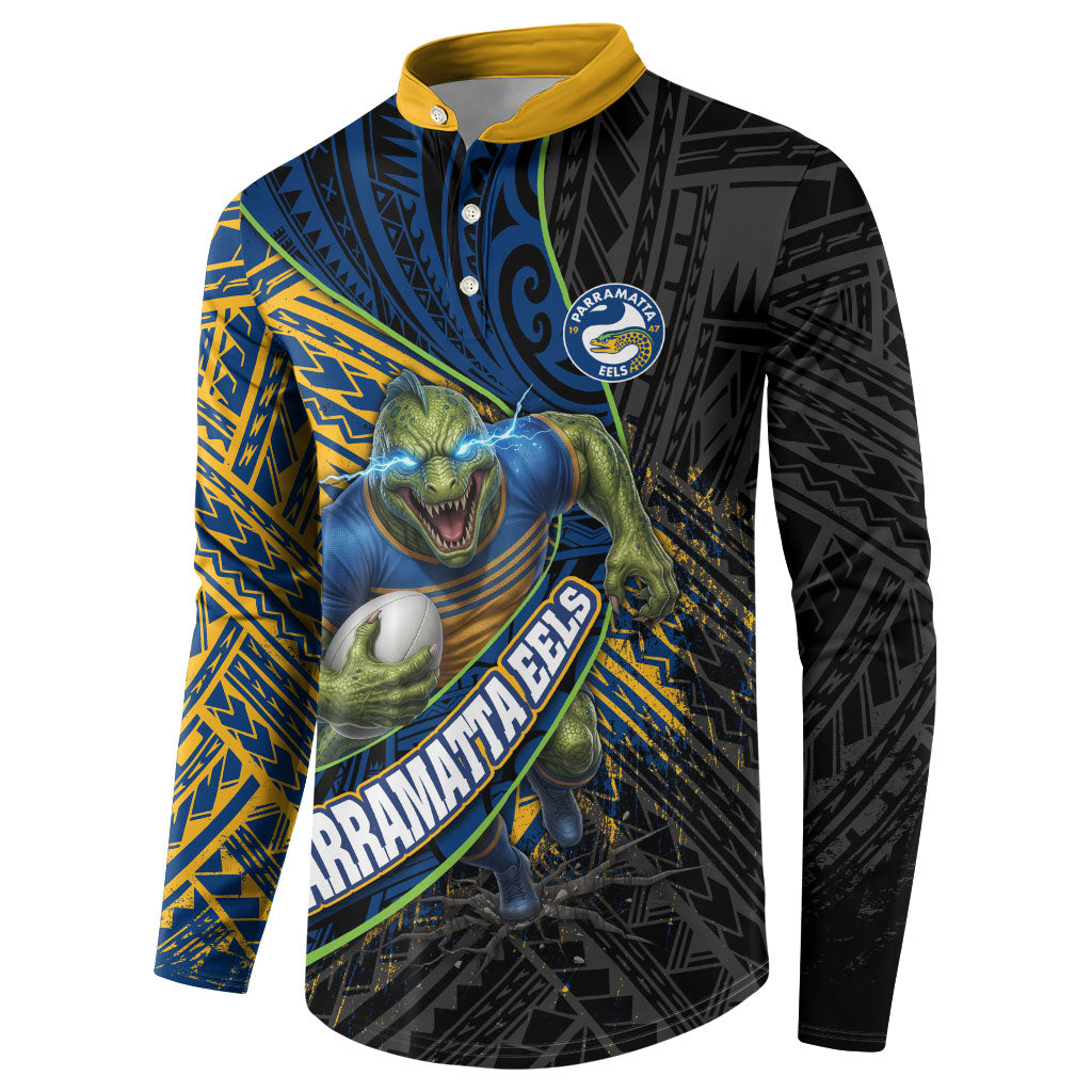 Parramatta Eels Rugby Button Sweatshirt Tribal Polynesian Power Art - Lightning Mascot