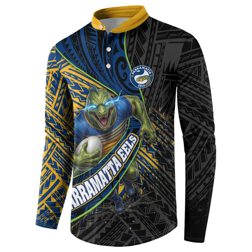 Parramatta Eels Rugby Button Sweatshirt Tribal Polynesian Power Art - Lightning Mascot