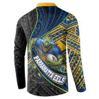 Parramatta Eels Rugby Button Sweatshirt Tribal Polynesian Power Art - Lightning Mascot