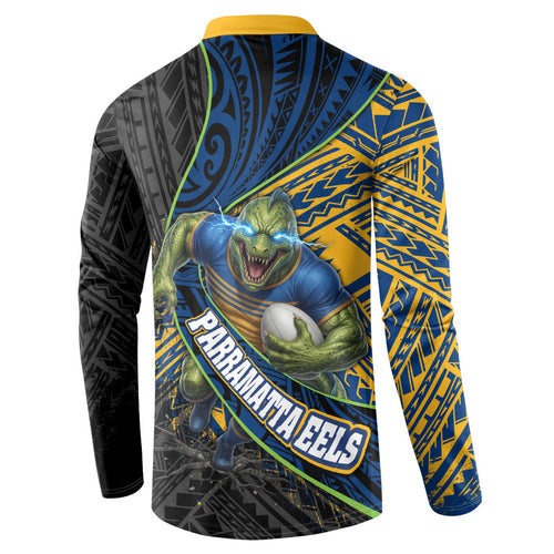 Parramatta Eels Rugby Button Sweatshirt Tribal Polynesian Power Art - Lightning Mascot