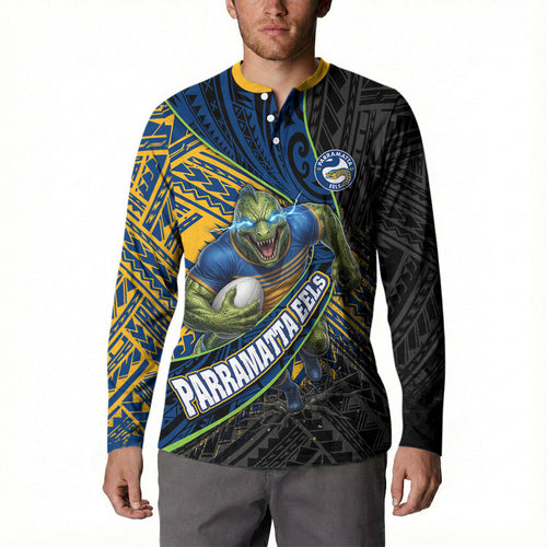 Parramatta Eels Rugby Button Sweatshirt Tribal Polynesian Power Art - Lightning Mascot