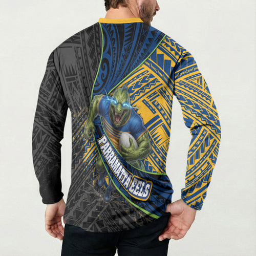 Parramatta Eels Rugby Button Sweatshirt Tribal Polynesian Power Art - Lightning Mascot