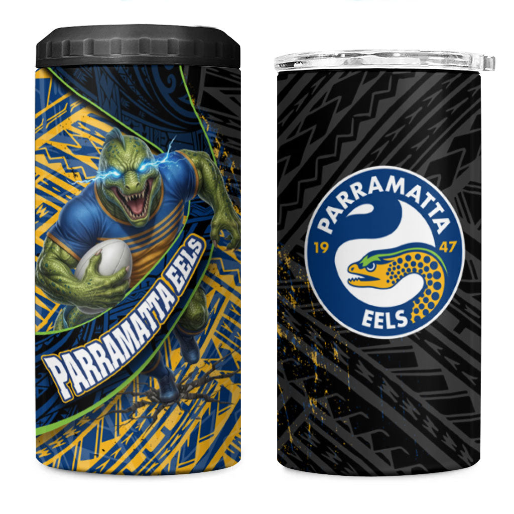Parramatta Eels Rugby 4 in 1 Can Cooler Tumbler Tribal Polynesian Power Art - Lightning Mascot