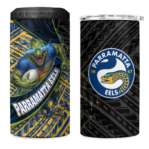 Parramatta Eels Rugby 4 in 1 Can Cooler Tumbler Tribal Polynesian Power Art - Lightning Mascot