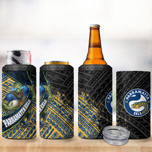 Parramatta Eels Rugby 4 in 1 Can Cooler Tumbler Tribal Polynesian Power Art - Lightning Mascot