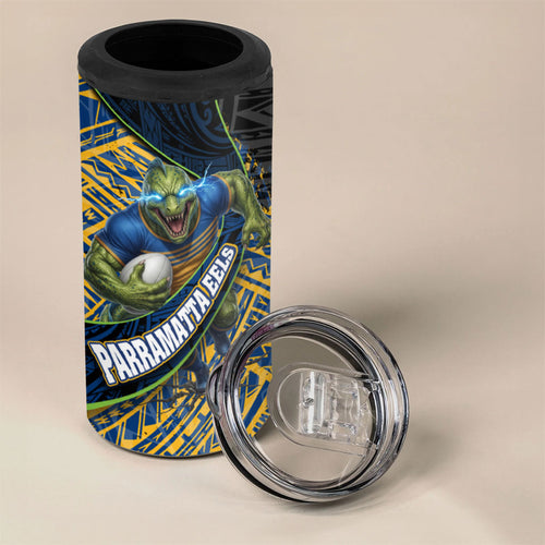 Parramatta Eels Rugby 4 in 1 Can Cooler Tumbler Tribal Polynesian Power Art - Lightning Mascot