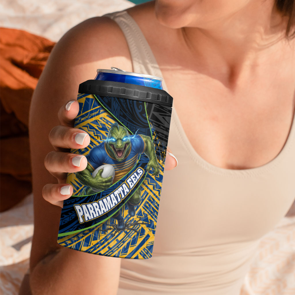 Parramatta Eels Rugby 4 in 1 Can Cooler Tumbler Tribal Polynesian Power Art - Lightning Mascot