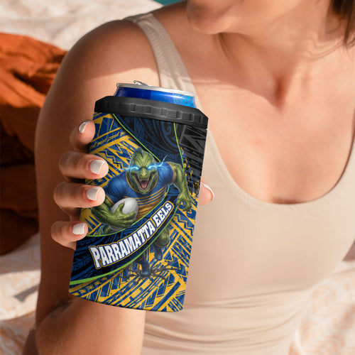 Parramatta Eels Rugby 4 in 1 Can Cooler Tumbler Tribal Polynesian Power Art - Lightning Mascot
