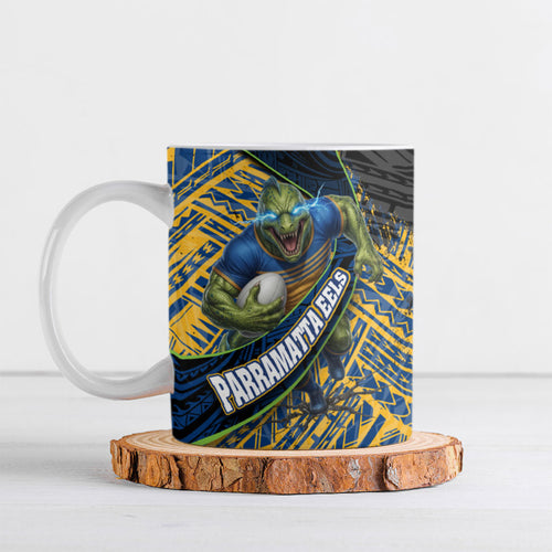 Parramatta Eels Rugby Ceramic Mug Tribal Polynesian Power Art - Lightning Mascot