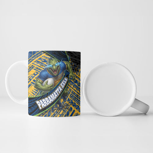 Parramatta Eels Rugby Ceramic Mug Tribal Polynesian Power Art - Lightning Mascot