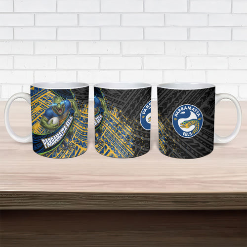 Parramatta Eels Rugby Ceramic Mug Tribal Polynesian Power Art - Lightning Mascot
