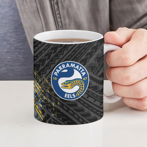 Parramatta Eels Rugby Ceramic Mug Tribal Polynesian Power Art - Lightning Mascot