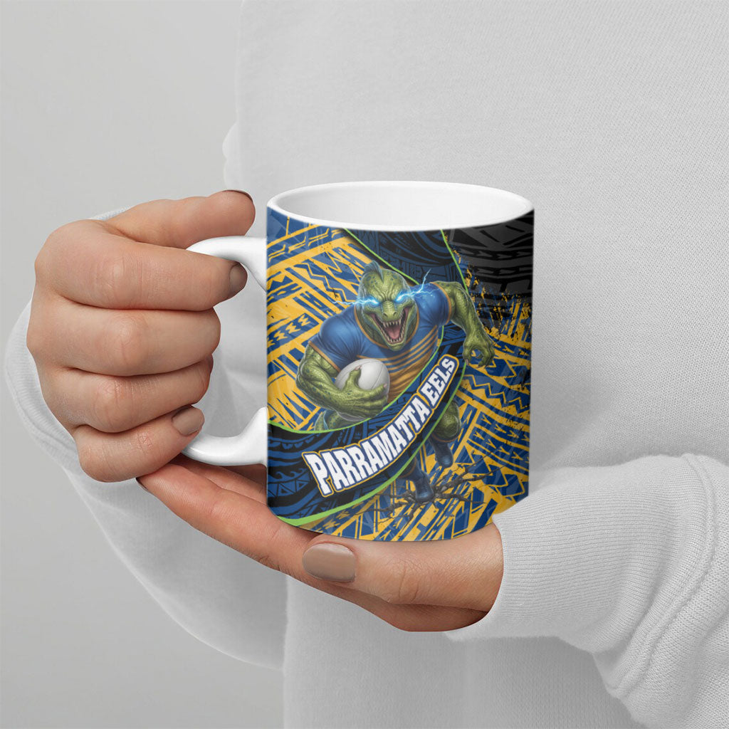 Parramatta Eels Rugby Ceramic Mug Tribal Polynesian Power Art - Lightning Mascot
