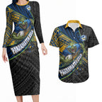 Parramatta Eels Rugby Couples Matching Long Sleeve Bodycon Dress and Hawaiian Shirt Tribal Polynesian Power Art - Lightning Mascot