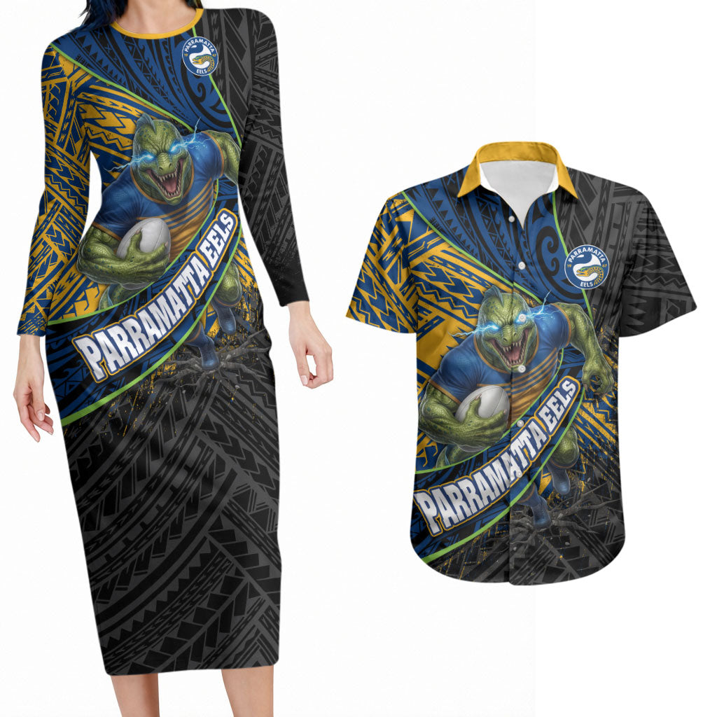 Parramatta Eels Rugby Couples Matching Long Sleeve Bodycon Dress and Hawaiian Shirt Tribal Polynesian Power Art - Lightning Mascot
