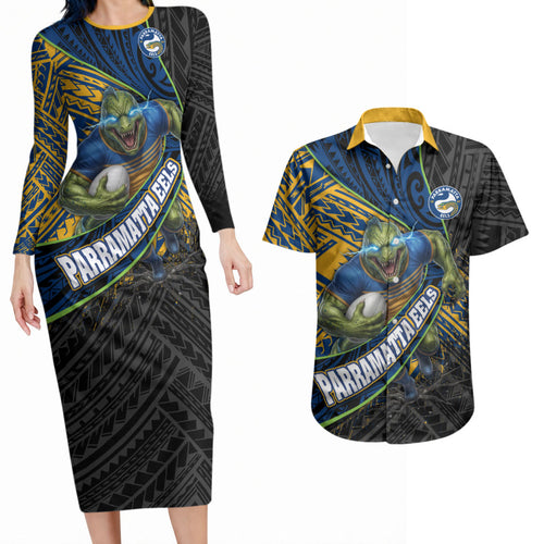 Parramatta Eels Rugby Couples Matching Long Sleeve Bodycon Dress and Hawaiian Shirt Tribal Polynesian Power Art - Lightning Mascot