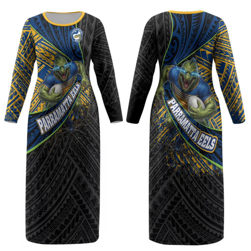Parramatta Eels Rugby Couples Matching Long Sleeve Bodycon Dress and Hawaiian Shirt Tribal Polynesian Power Art - Lightning Mascot