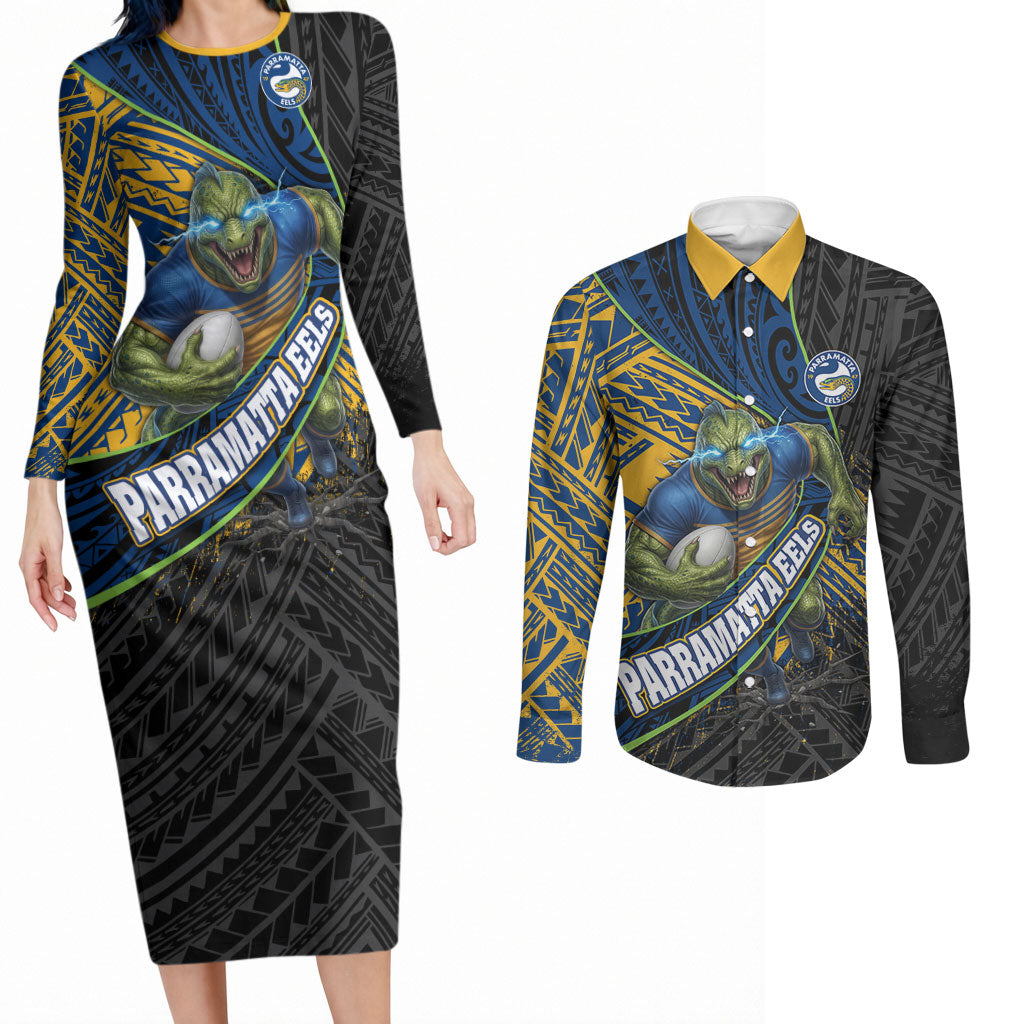 Parramatta Eels Rugby Couples Matching Long Sleeve Bodycon Dress and Long Sleeve Button Shirt Tribal Polynesian Power Art - Lightning Mascot