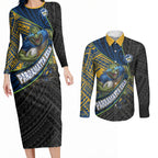 Parramatta Eels Rugby Couples Matching Long Sleeve Bodycon Dress and Long Sleeve Button Shirt Tribal Polynesian Power Art - Lightning Mascot