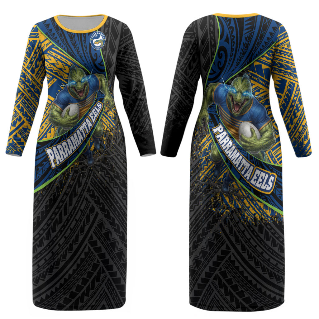 Parramatta Eels Rugby Couples Matching Long Sleeve Bodycon Dress and Long Sleeve Button Shirt Tribal Polynesian Power Art - Lightning Mascot