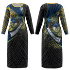 Parramatta Eels Rugby Couples Matching Long Sleeve Bodycon Dress and Long Sleeve Button Shirt Tribal Polynesian Power Art - Lightning Mascot