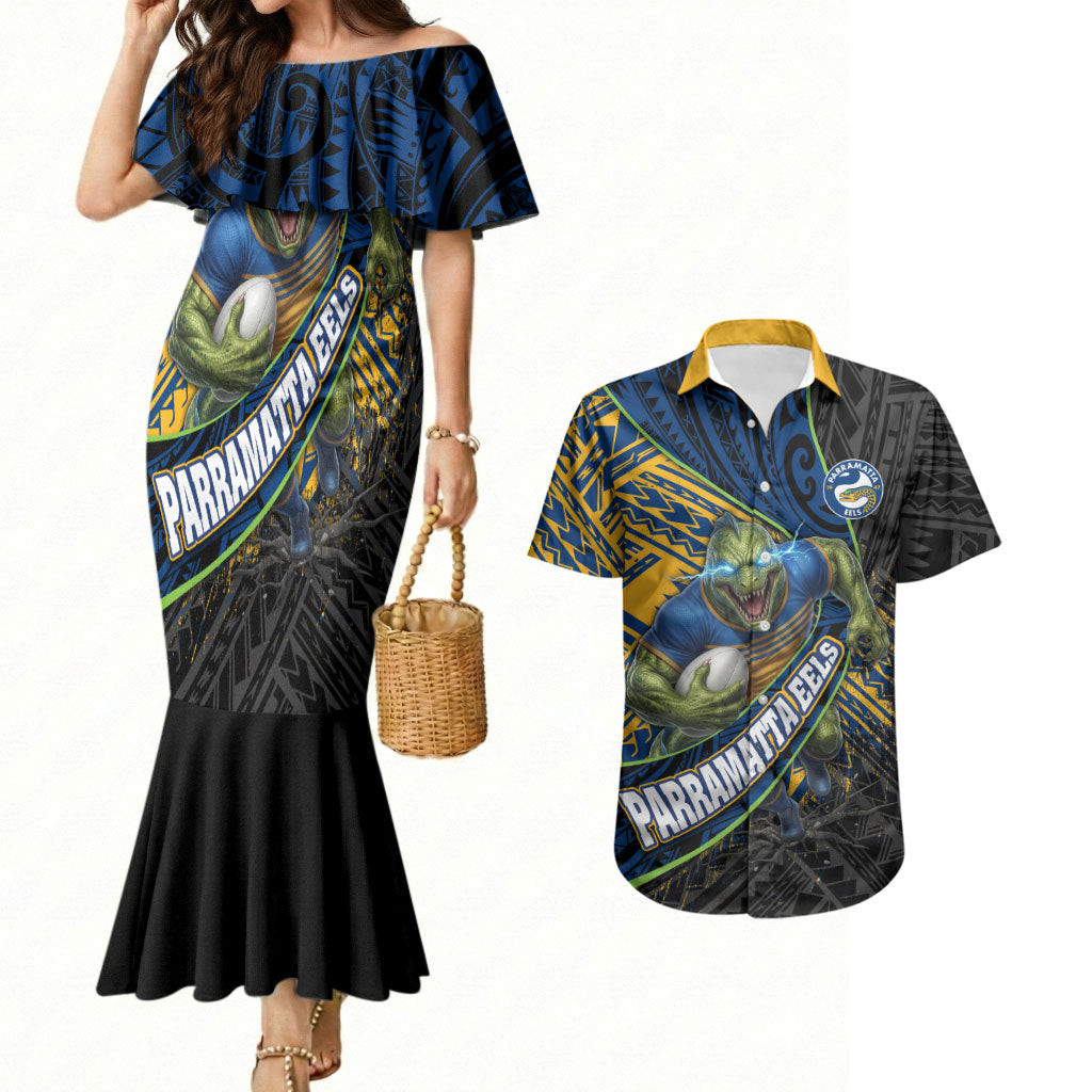 Parramatta Eels Rugby Couples Matching Mermaid Dress and Hawaiian Shirt Tribal Polynesian Power Art - Lightning Mascot