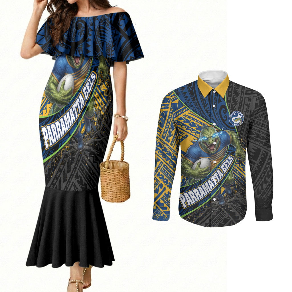 Parramatta Eels Rugby Couples Matching Mermaid Dress and Long Sleeve Button Shirt Tribal Polynesian Power Art - Lightning Mascot