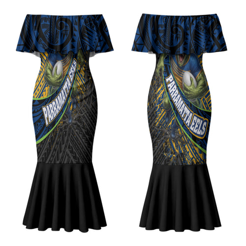 Parramatta Eels Rugby Couples Matching Mermaid Dress and Long Sleeve Button Shirt Tribal Polynesian Power Art - Lightning Mascot