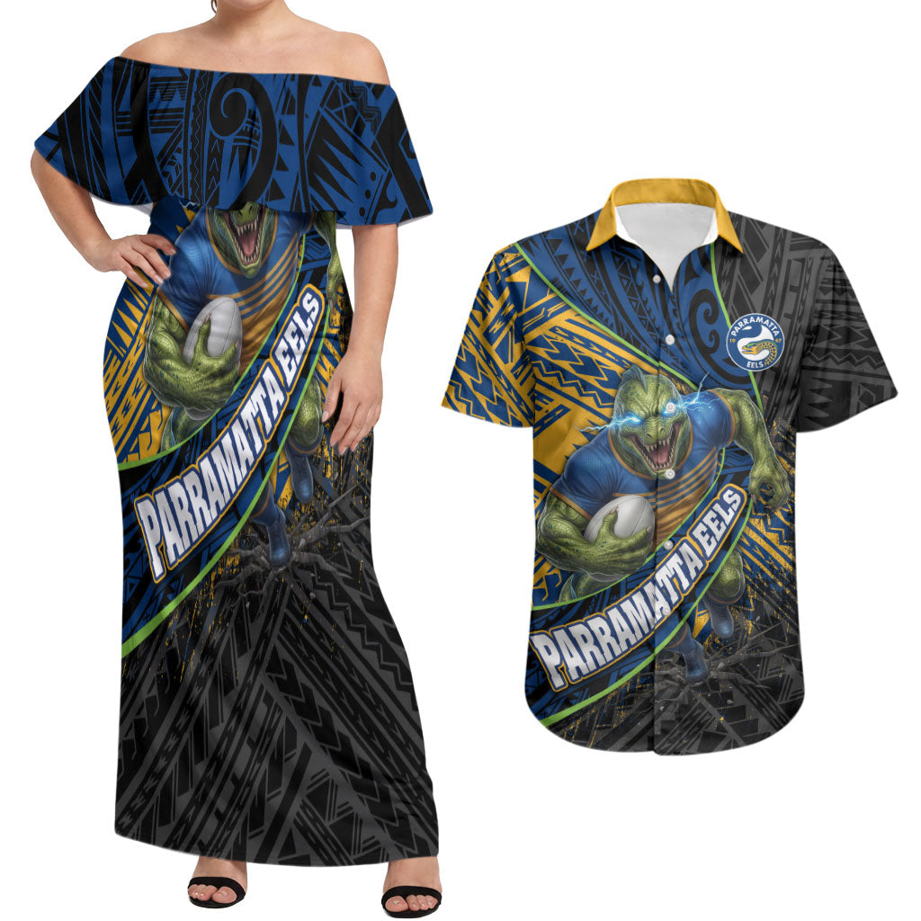 Parramatta Eels Rugby Couples Matching Off Shoulder Maxi Dress and Hawaiian Shirt Tribal Polynesian Power Art - Lightning Mascot