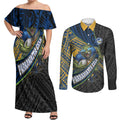 Parramatta Eels Rugby Couples Matching Off Shoulder Maxi Dress and Long Sleeve Button Shirt Tribal Polynesian Power Art - Lightning Mascot