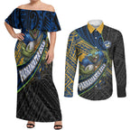 Parramatta Eels Rugby Couples Matching Off Shoulder Maxi Dress and Long Sleeve Button Shirt Tribal Polynesian Power Art - Lightning Mascot