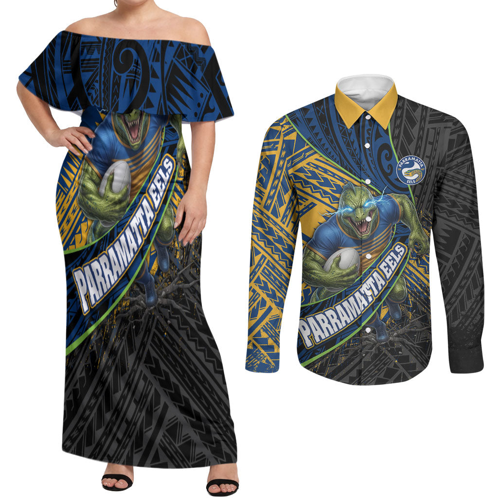 Parramatta Eels Rugby Couples Matching Off Shoulder Maxi Dress and Long Sleeve Button Shirt Tribal Polynesian Power Art - Lightning Mascot