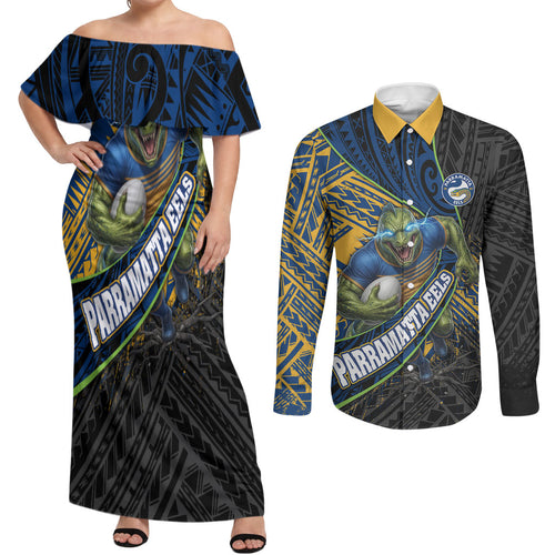 Parramatta Eels Rugby Couples Matching Off Shoulder Maxi Dress and Long Sleeve Button Shirt Tribal Polynesian Power Art - Lightning Mascot