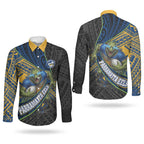Parramatta Eels Rugby Couples Matching Off Shoulder Maxi Dress and Long Sleeve Button Shirt Tribal Polynesian Power Art - Lightning Mascot