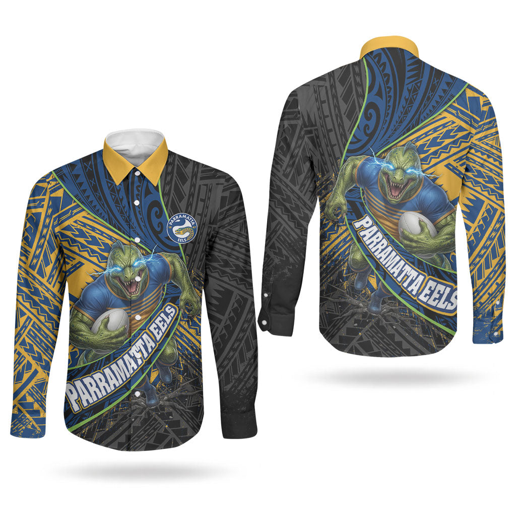 Parramatta Eels Rugby Couples Matching Off Shoulder Maxi Dress and Long Sleeve Button Shirt Tribal Polynesian Power Art - Lightning Mascot