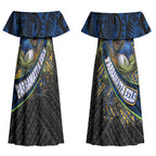 Parramatta Eels Rugby Couples Matching Off Shoulder Maxi Dress and Long Sleeve Button Shirt Tribal Polynesian Power Art - Lightning Mascot