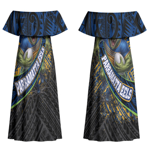 Parramatta Eels Rugby Couples Matching Off Shoulder Maxi Dress and Long Sleeve Button Shirt Tribal Polynesian Power Art - Lightning Mascot