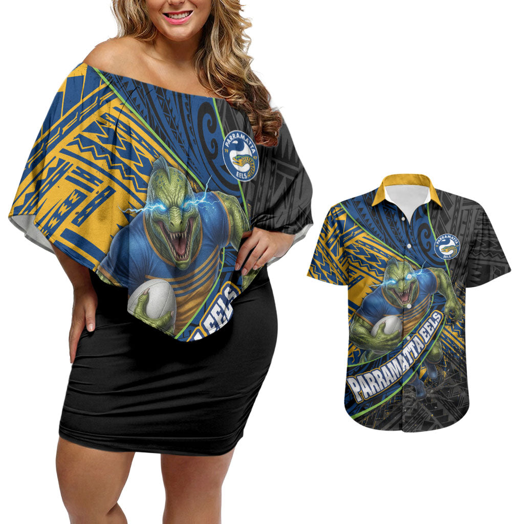 Parramatta Eels Rugby Couples Matching Off Shoulder Short Dress and Hawaiian Shirt Tribal Polynesian Power Art - Lightning Mascot