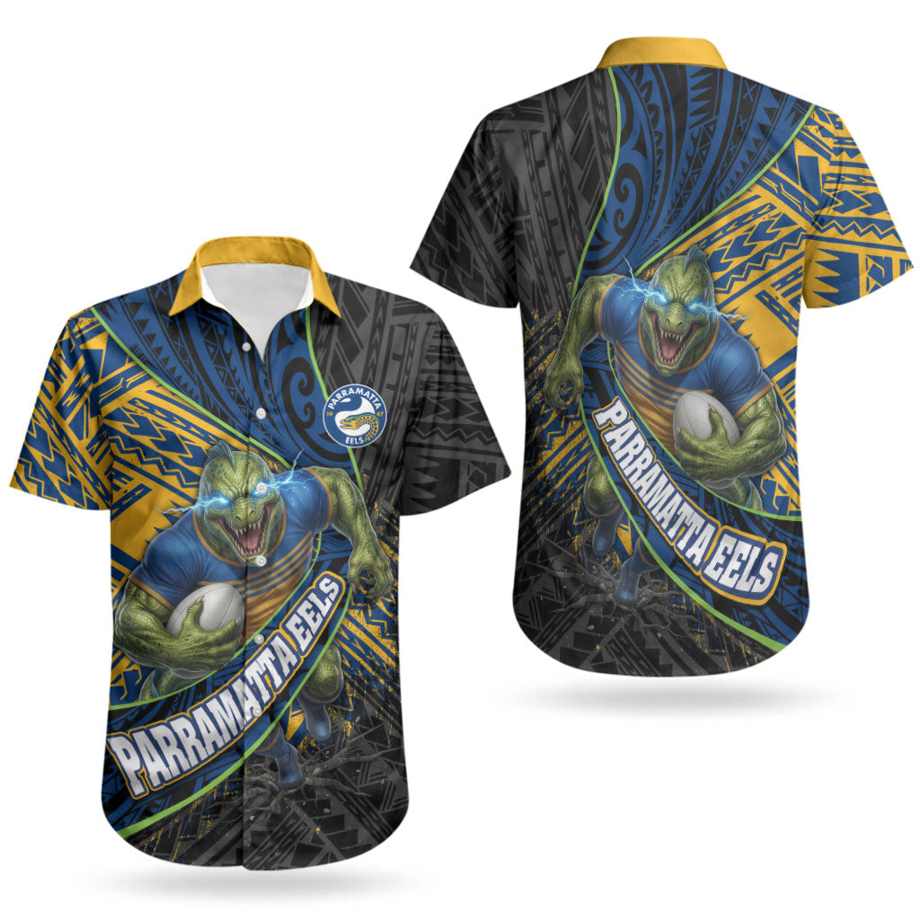 Parramatta Eels Rugby Couples Matching Off Shoulder Short Dress and Hawaiian Shirt Tribal Polynesian Power Art - Lightning Mascot