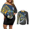 Parramatta Eels Rugby Couples Matching Off Shoulder Short Dress and Long Sleeve Button Shirt Tribal Polynesian Power Art - Lightning Mascot