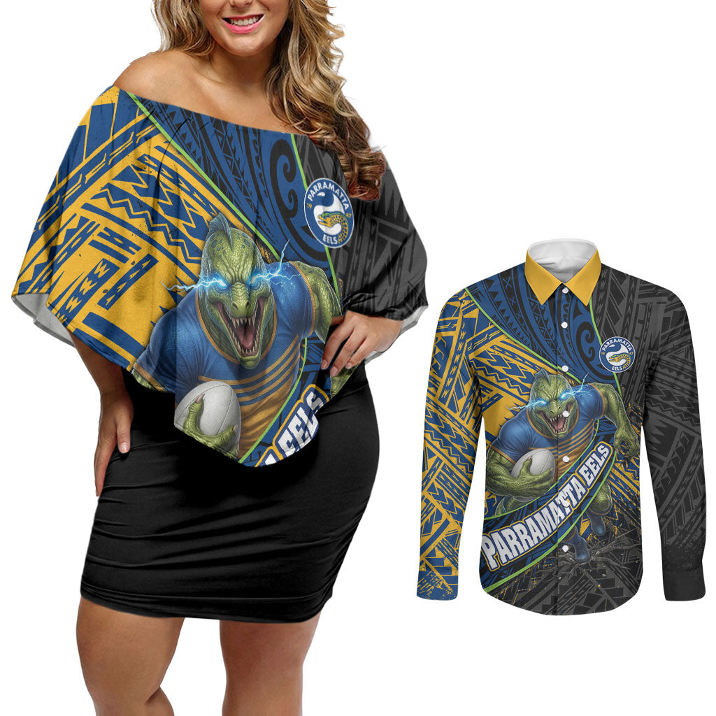 Parramatta Eels Rugby Couples Matching Off Shoulder Short Dress and Long Sleeve Button Shirt Tribal Polynesian Power Art - Lightning Mascot