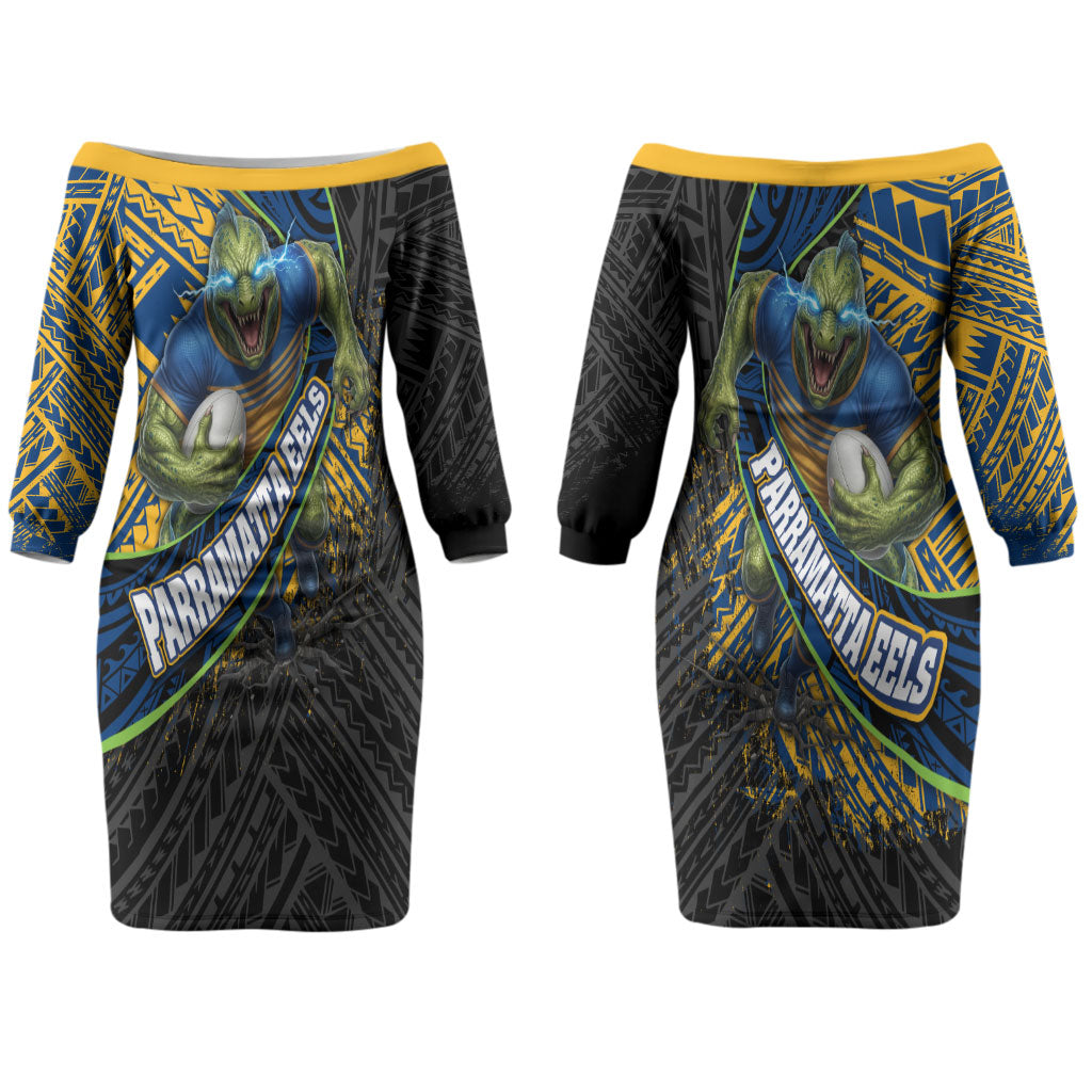 Parramatta Eels Rugby Couples Matching Off The Shoulder Long Sleeve Dress and Hawaiian Shirt Tribal Polynesian Power Art - Lightning Mascot