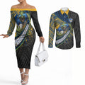 Parramatta Eels Rugby Couples Matching Off The Shoulder Long Sleeve Dress and Long Sleeve Button Shirt Tribal Polynesian Power Art - Lightning Mascot