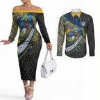 Parramatta Eels Rugby Couples Matching Off The Shoulder Long Sleeve Dress and Long Sleeve Button Shirt Tribal Polynesian Power Art - Lightning Mascot