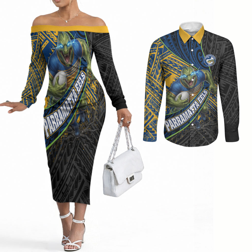 Parramatta Eels Rugby Couples Matching Off The Shoulder Long Sleeve Dress and Long Sleeve Button Shirt Tribal Polynesian Power Art - Lightning Mascot