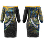 Parramatta Eels Rugby Couples Matching Off The Shoulder Long Sleeve Dress and Long Sleeve Button Shirt Tribal Polynesian Power Art - Lightning Mascot
